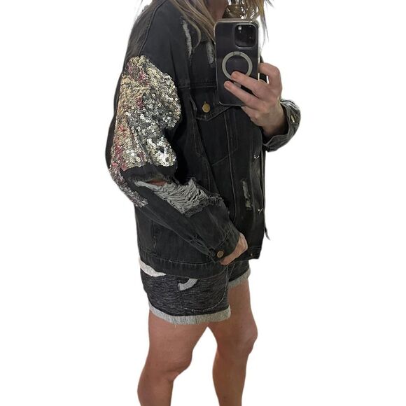 Fabrik Black Distressed Denim Embellished Jean Jacket Size Medium - Picture 5 of 13